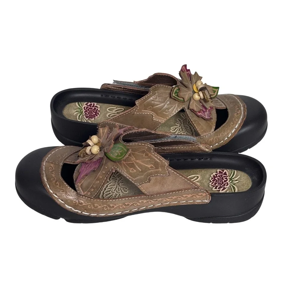 Elite by Corkys Womens Leather Floral Leaf Slide Sandals Mules Sz 7 Boho Festive